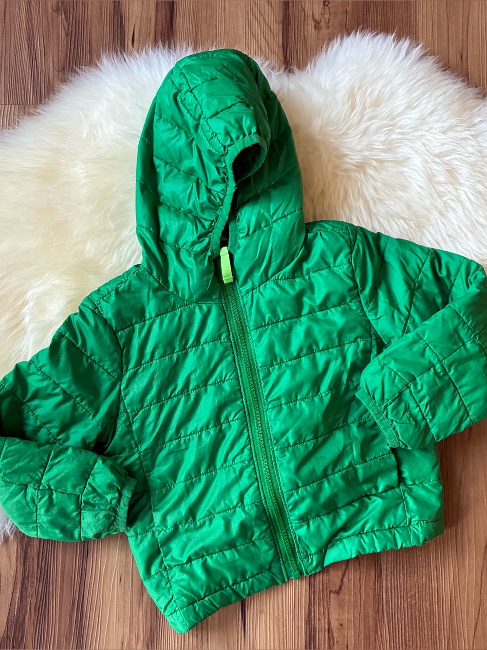 Primary Green Hooded Zip Up Puffer Jacket • Size 2